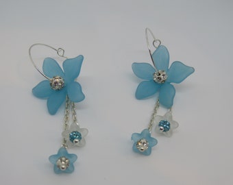 Blue and silver hoop earrings, large blue flower earrings, small flower earrings on silver chains. Gift for her