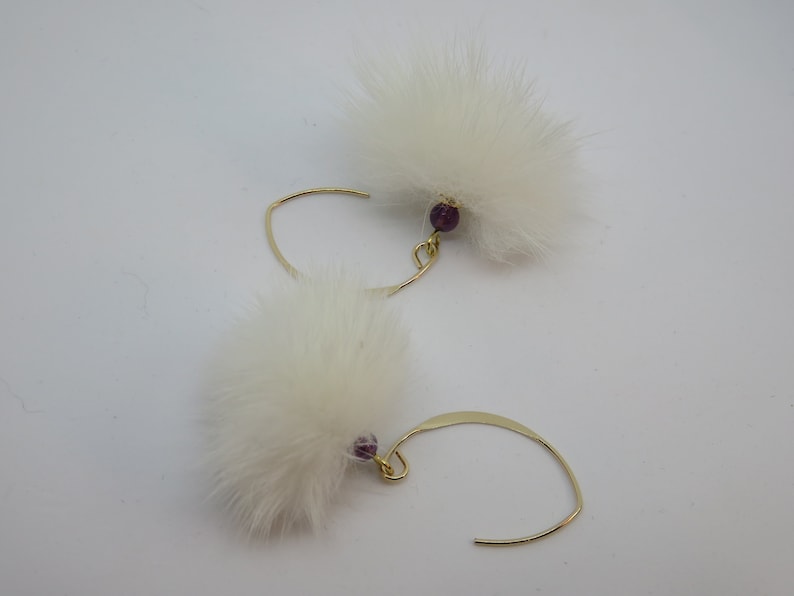 white fur pompom and amethyst on 14 carat gold filled ear hook KYMIA