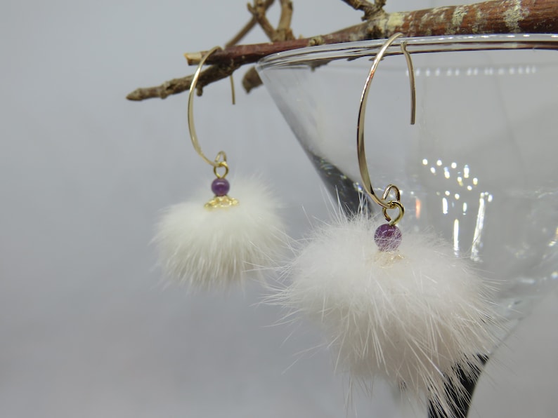 white fur pompom and amethyst on 14 carat gold filled ear hook KYMIA