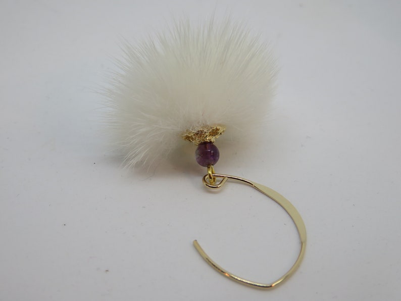 white fur pompom and amethyst on 14 carat gold filled ear hook KYMIA