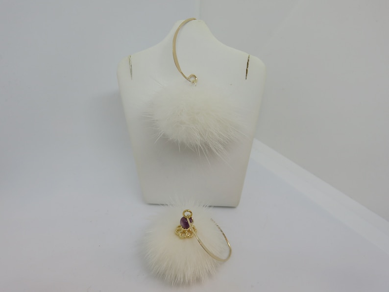 white fur pompom and amethyst on 14 carat gold filled ear hook KYMIA