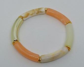 Bracelet multicolore, bracelet en perles tubes incurvées marbrées et doré, bracelet élastique, bracelet orange, beige et caramel