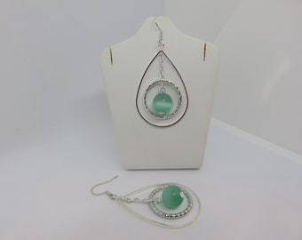 Silver and green earrings, water green "cat's eye" glass bead earrings, two silver metal ring earrings