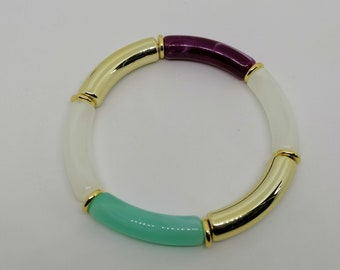 Bracelet multicolore, bracelet en perles tubes incurvées marbrées et dorées, bracelet élastique, bracelet doré, blanc, vert d'eau et violet