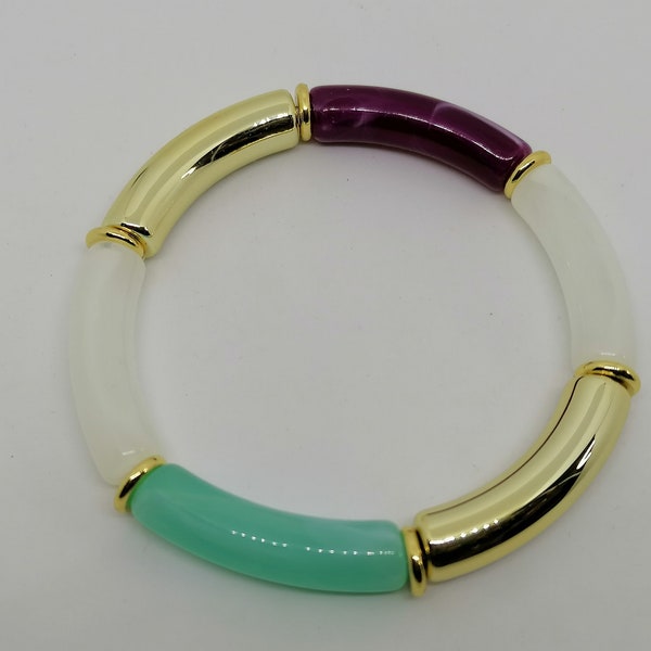 Bracelet multicolore, bracelet en perles tubes incurvées marbrées et dorées, bracelet élastique, bracelet doré, blanc, vert d'eau et violet
