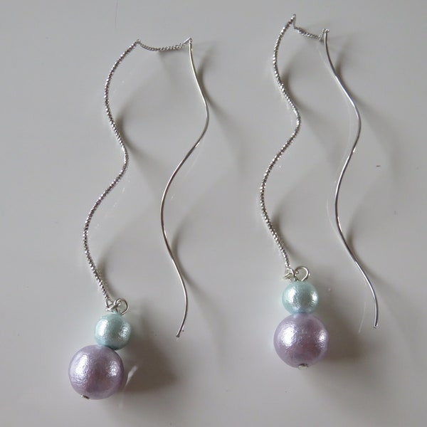 Boucles d’oreilles argentées et perles pastel, boucles chaînettes d’oreilles argentées, boucles Cotton pearl Miyuki. Cadeau pour elle