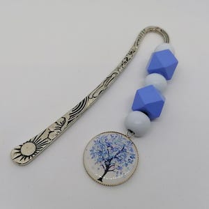 Silver and blue bookmarks, stacked bead bookmarks, tree cabochon bookmarks, wooden bead bookmarks. Gift for her.
