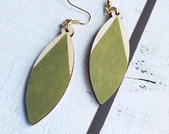 Leaf Shaped Wooden Olive Green Dangle Earrings