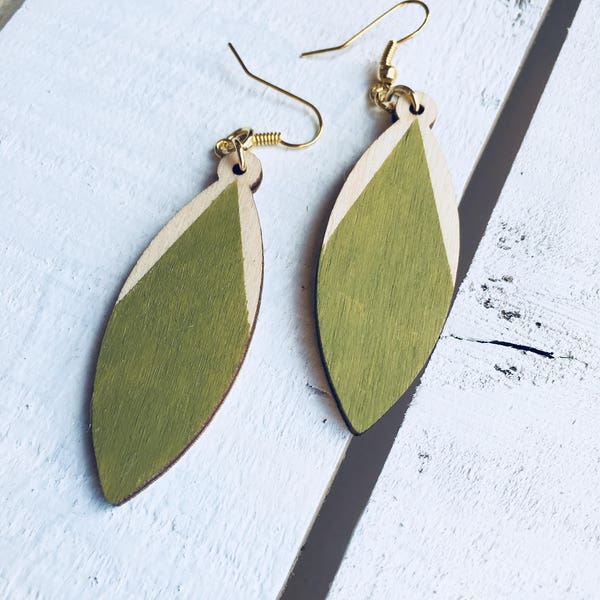 Leaf Shaped Wooden Olive Green Dangle Earrings