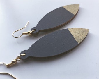 Gray and Gold Leaf Shaped Wooden Earrings, Modern Gray and Gold Earrings, Geometric Gray and Gold Earrings, Hand Painted Wooden Earrings