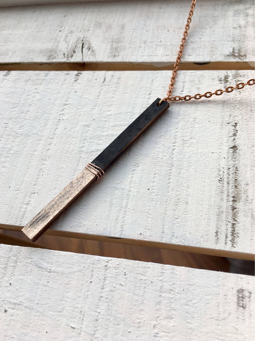 Black and Rose Gold Bar Necklace, Wooden Bar Necklace, Long Rose Gold