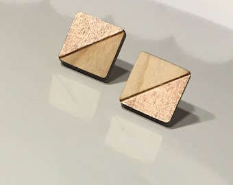 Rose Gold Geometric Square Earrings, Rose Gold Wooden Stud Earrings, Wooden Earrings, Minimalist Rose Gold Studs