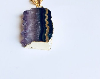 Gold Amethyst Slice Necklace | Amethyst Pendant Necklace | February Stone Necklace | Long Amethyst Necklace | Amethyst Jewelry | Gift