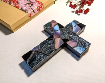 Iridescent Cross Hanging, Stained Glass Mosaic Cross Wall Decor Black Purple 6"