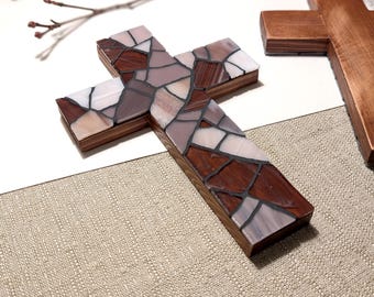 Wooden Wall Cross, Earthy Purple Stained Glass Mosaic Cross Wall Decor 9"