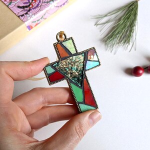 Red Green Cross Ornament, Mosaic Stained Glass Cross Pendant, Pastoral Cross