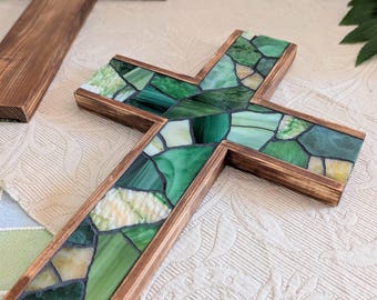 Primitive Wooden Cross Decor, Handmade Olive Green Rustic Mosaic Cross Wall Hanging 14"