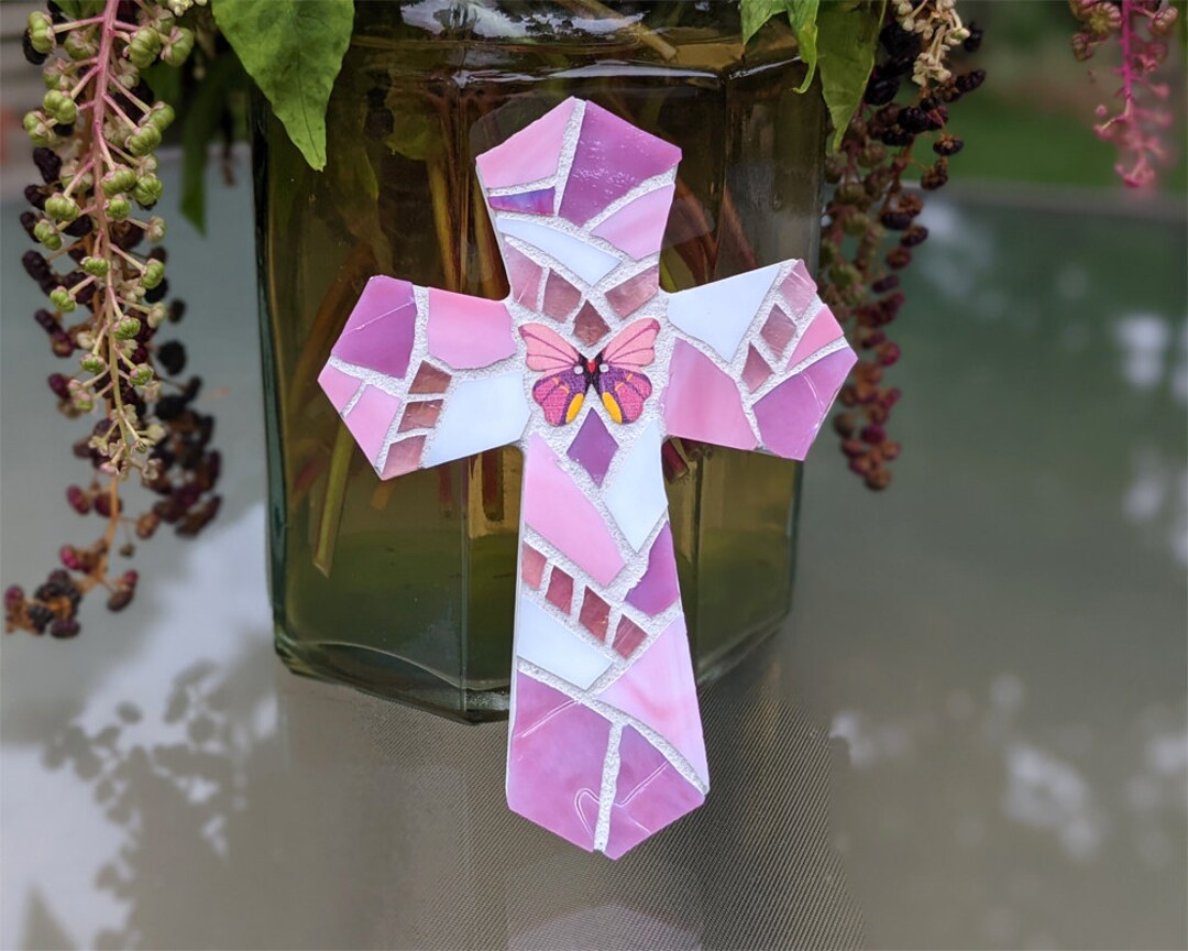 Small Pink Wall Cross Stained Glass Hanging Cross Broken Etsy
