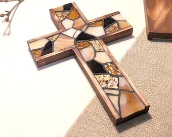 Rustic Wooden Wall Cross, Handmade Stained Glass Mosaic Christian Decor 9"