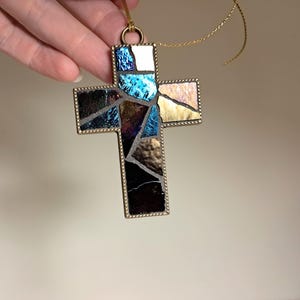 Iridescent Black Stained Glass Cross Ornament, Handmade Goth Mosaic Pendant