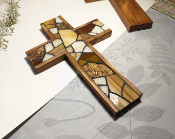 Rustic Wooden Cross, Glass Mosaic Hanging Cross Wall Decor 9"