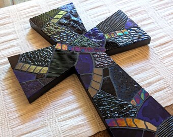 Large Black Mosaic Cross Wall Decor, Handmade Heavy Navy Iridescent Stained Glass Crucifix 15"