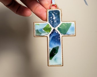 Oceanic Glass Mosaic Cross Ornament, Coastal Blue Pectoral Cross