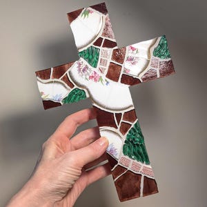 Earthy Purple Mosaic Wall Cross Decor, Handmade Religious Art with Broken China, Unique Stained Glass Hanging Cross 9&quot;
