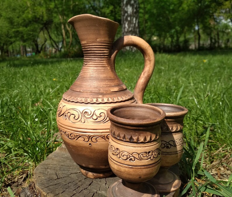 Download Set clay bottle 2 glasses Ceramic bottle with 2 cups Wine ... Yellowimages Mockups
