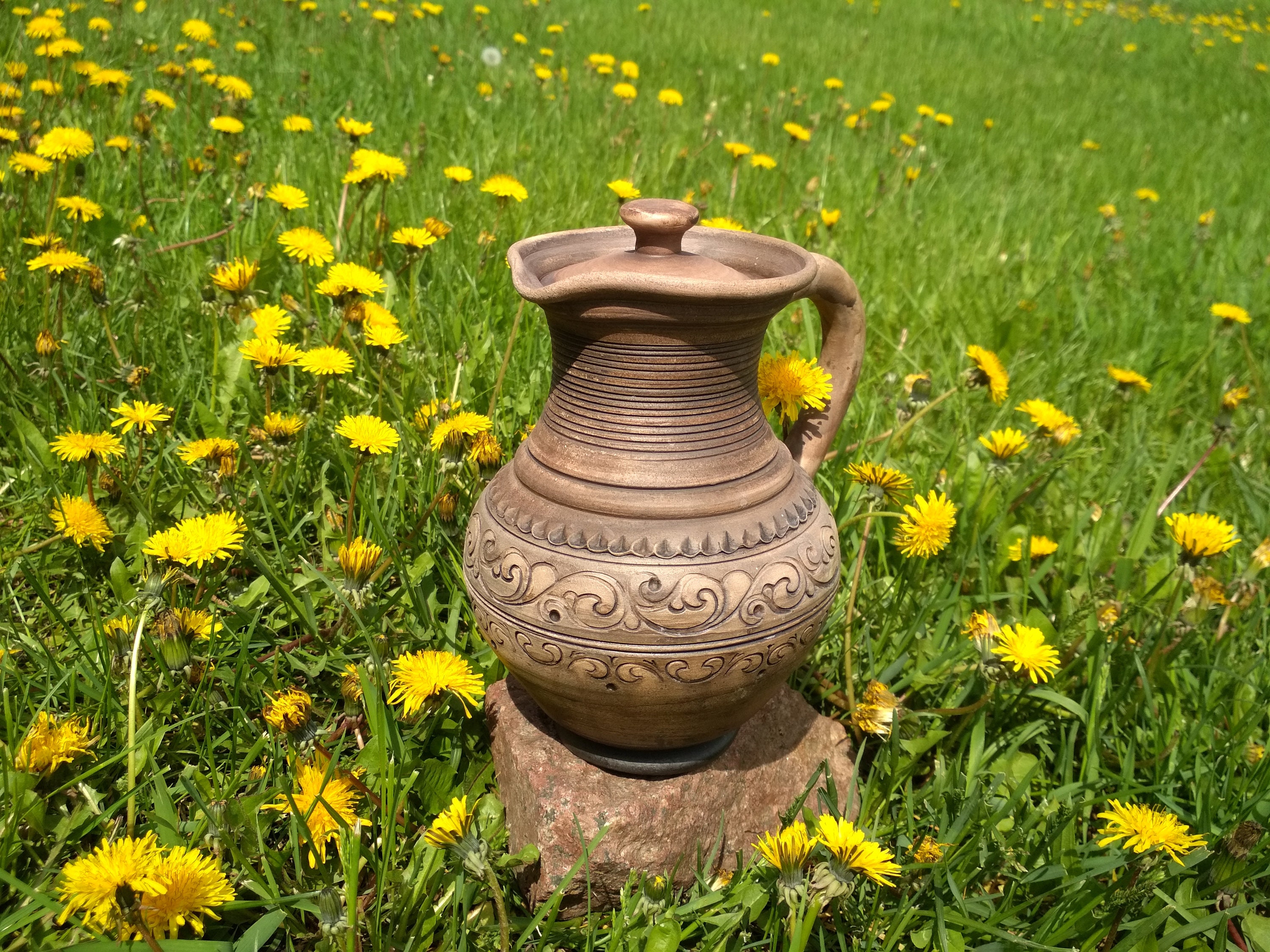 Jug with lid Redware Handmade pottery jar Unglazed pitcher Etsy