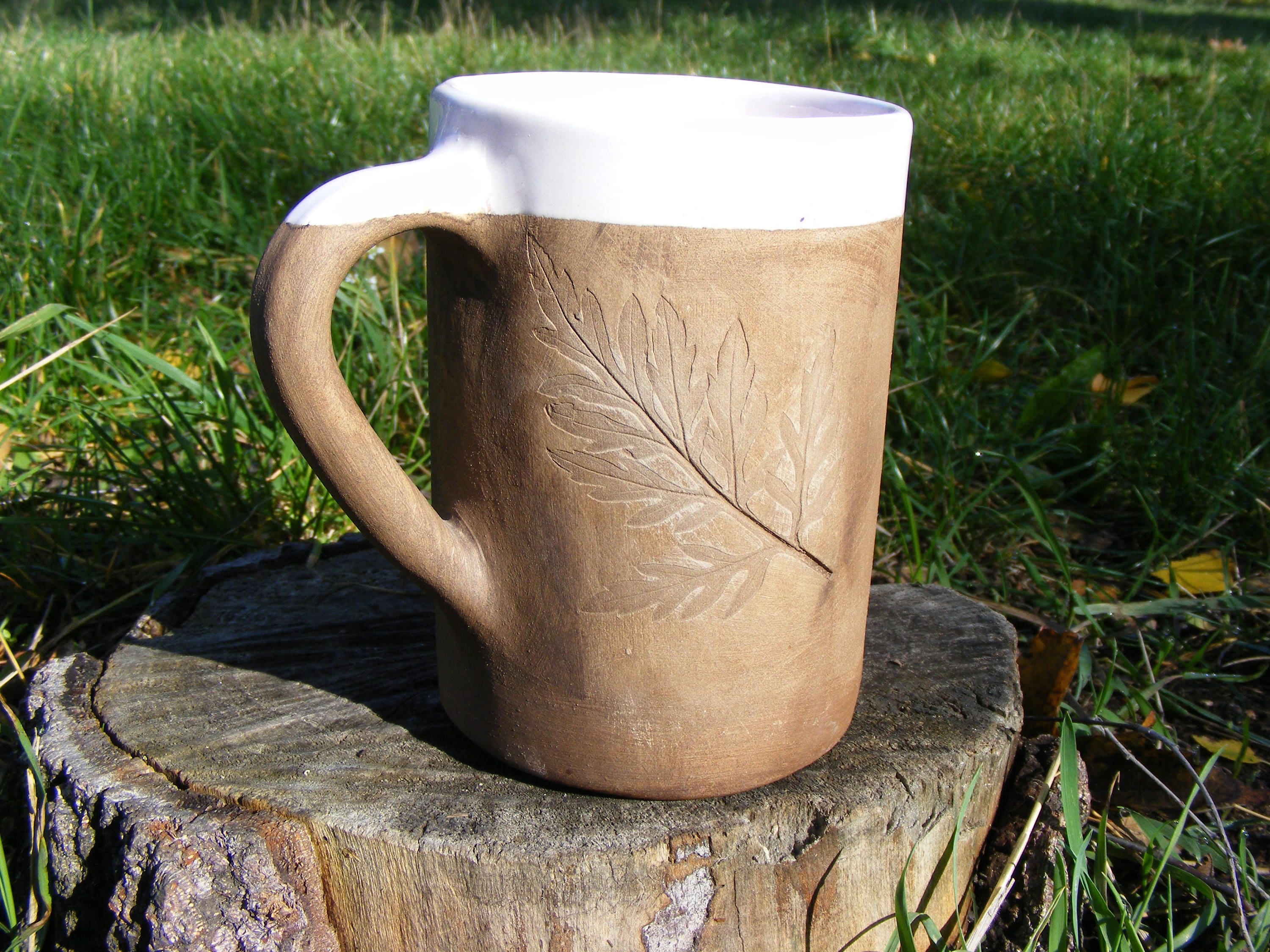 Clay coffee mug with leaf Handmade pottery mug Rustic terra | Etsy