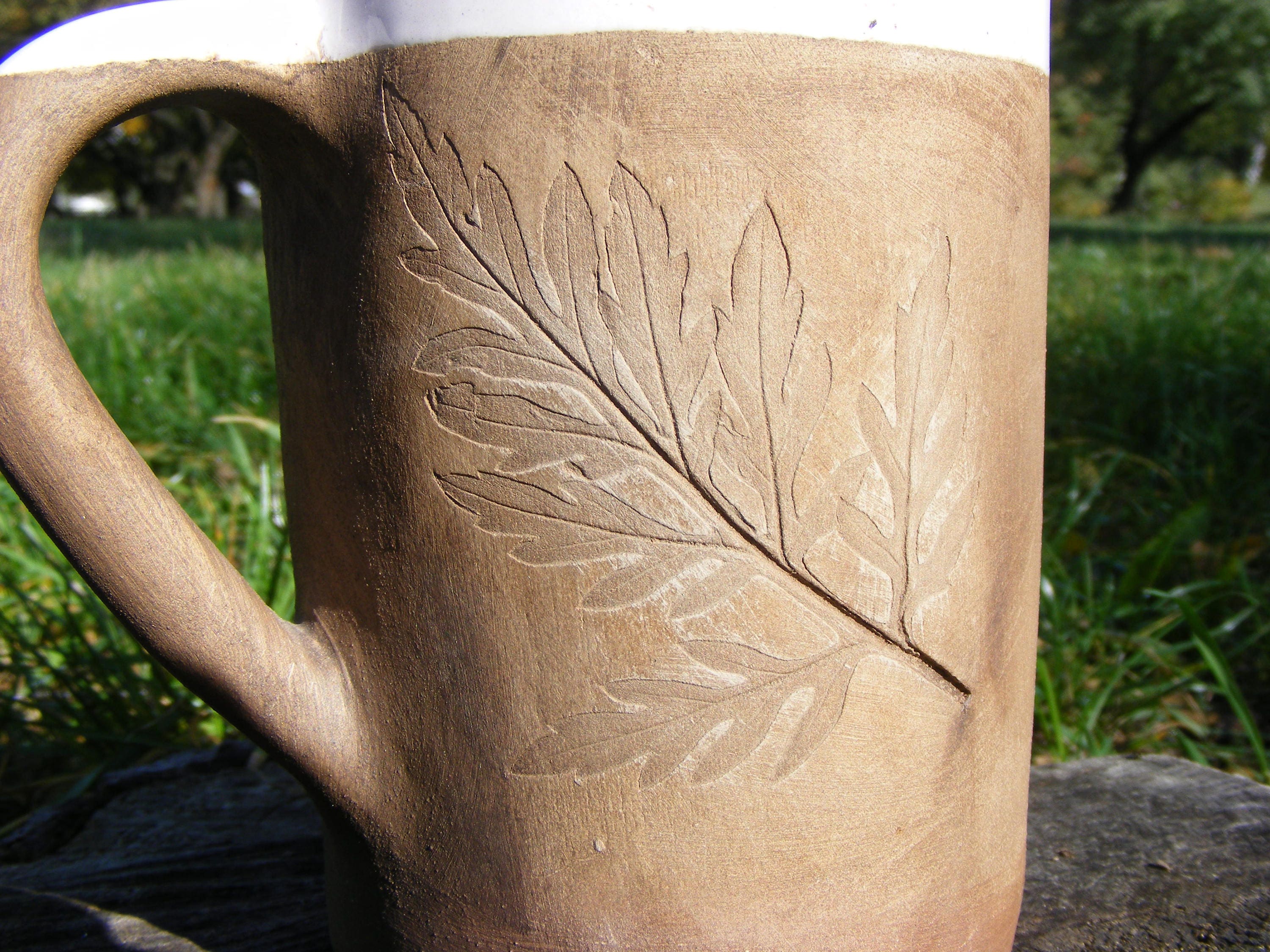 Clay coffee mug with leaf Handmade pottery mug Rustic terra Etsy