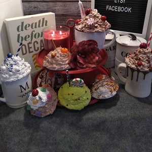 Decorative mug toppers, whipped topping, faux Rae Dunn mug toppers