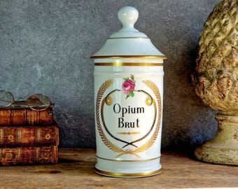 French vintage pharmacy jar. Opium Brut medical jar. Limoges porcelaine apothecary jar.
