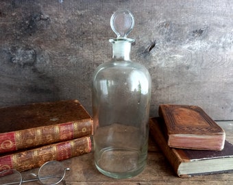 French Vintage Apothecary Bottle: Clear Glass Pharmacy Jar with Stopper