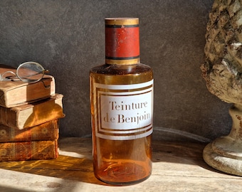 Antique French Amber Glass Apothecary Bottle with Toleware Lid