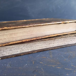 Op de afbeelding: Twee vintage hardcover boeken met bruine lederen omslagen en versleten randen. De boeken liggen op elkaar.