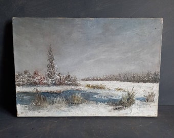 French oil painting. French art. Snow scene oil painting. Mid century French oil on canvas. Art French.French picture. French Country decor.