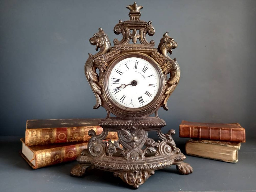 French Antique Metal Clock. French Antique Clock. French Decor. Country
