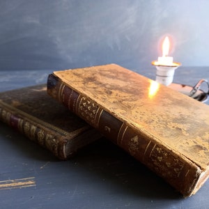 Op de afbeelding: Twee antieke boeken met goud bedrukte omslagen en versleten leren ruggen. Op de achtergrond staat een brandende kaars op een tafel.