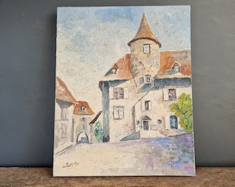 Vintage French Chateau Oil Painting, Mid-Century Wall Art