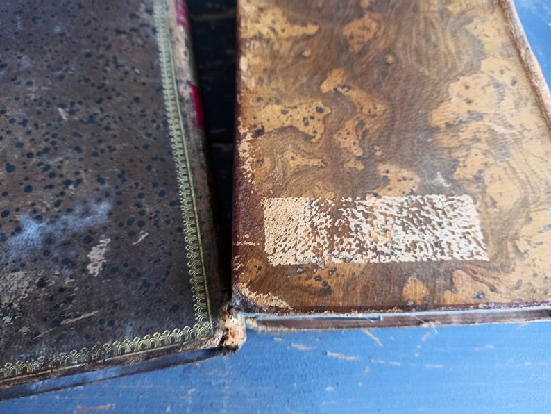 Op de afbeelding: Twee antieke boeken met bruine lederen omslagen. Het boek links heeft een gouden rand en het boek rechts heeft een bruin en wit marmermotief.
