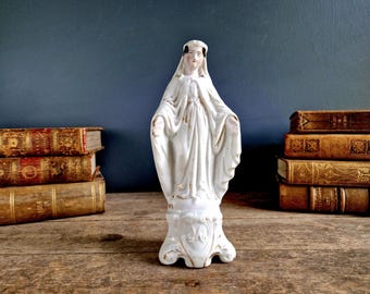 Antique French Porcelain Madonna Statue: Virgin Mary, Gilt Detail