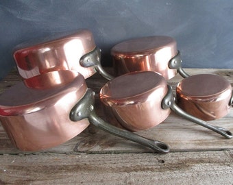 copper pots gift for foodie French country copper cookware copper anniversary farmhouse decor set of 5 copper pans rustic kitchen decor