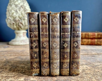 Antique French Leather Books: 1833 "Gil Blas" Set, Book Lover Decor