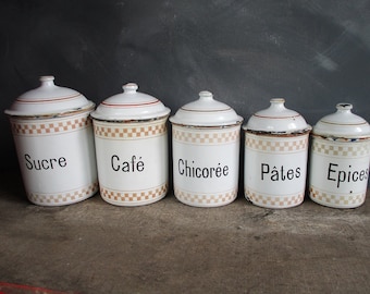 Enamel kitchen canisters. Vintage enamelware wedding gift idea.French Vintage storage tins.Homestead Kitchen.Unique wedding gift ideas