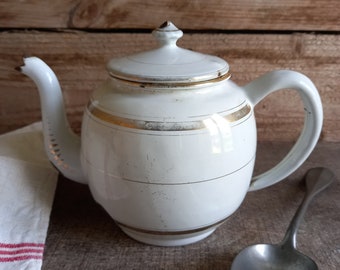 French white enamel tea pot. French enamel .Enamelware. Farmhouse decor. French country. Vintage enamel. Shabby chic decor. Vintage France.