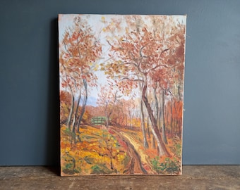 Vintage French Forest Oil Painting, Naive Autumn Landscape