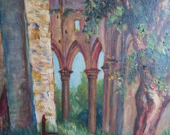 Vintage Oil Painting: Hambye Abbey Ruins, Signed French Art
