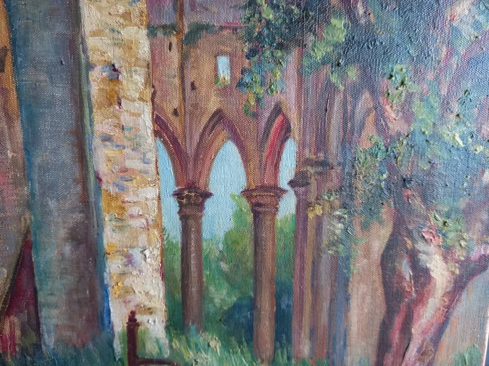 油絵　修道院 ヴィンテージ油絵：ハンビー修道院の廃墟、サイン入りフランス美術